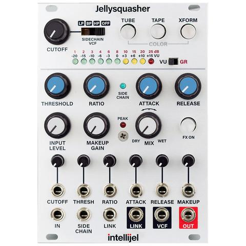 Intellijel Jellysquasher is a 100% analog signal path with sidechain feed forward compressor with unique log based RMS dectector with 3 analog circuits, tube, tape and XFRM with external sidechain inputs to allow triggering with external sources