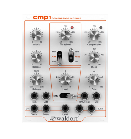 True analog high-end compressor with flexible side chaining, RMS and peak modes, threshold and compression controllable from panel with additional CV-inputs, attack and release in manual or automatic mode and hard and soft knee compression with overall gain control 