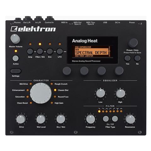 Elektron Analog Heat features 8 stereo analog distortion circuits, 1 stereo analog multi mode filter, 2 band stereo analog EQ, assignable envelope generator and envelope follower with an assignable LFO 