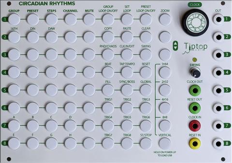 tiptop circadian rhythms can be programmed to play straight from an 8 channel, 512 step matser trigger sequencer with step programming, multi channel patterns of musical phrases with loop, chain, mute and modulation parameter control 