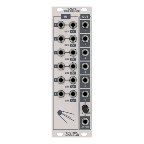 Sputnik Valve Multiplierwith 6 total inputs that can also be used as 6 VCAs with inputs normalled sequentially with buffers
