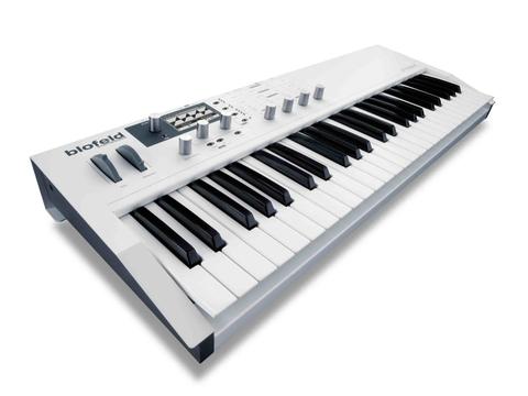 waldorf blofeld white keyboard angle with classic wavetables, 60mb of sample memory, vocal like noise spectrum, up to 25 voices, 16 part multi timbral, more than 1000 sounds and housed in a sturdy metal enclosure with 7 endless stainless steel dials with 5 buttons 